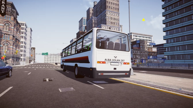 Ikarus Classic C56.42 rear exterior view driving in city with ALBA VOLÁN ZRT livery in Proton Bus Simulator