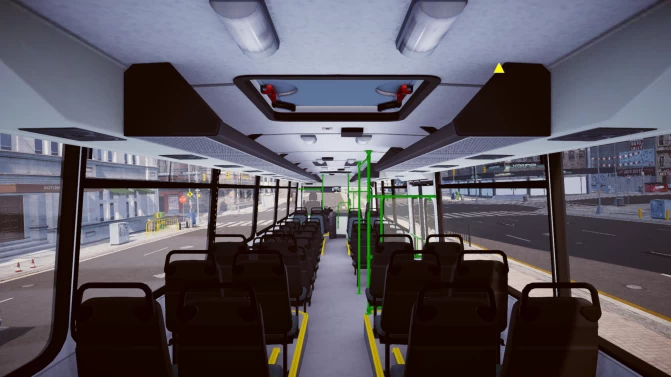 Ikarus Classic C56.42 passenger interior view with seats, aisle and green handrails in Proton Bus Simulator
