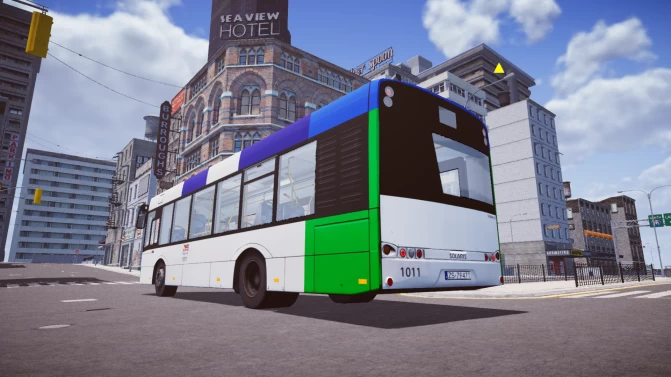Rear view of Solaris Urbino 10 2011 bus driving through downtown city streets in Proton Bus Simulator