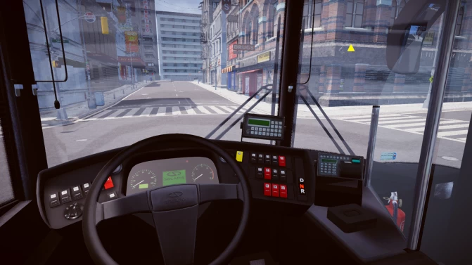 Driver cockpit of Solaris Urbino 10 2011 with steering wheel, dashboard and instrument panel in Proton Bus Simulator