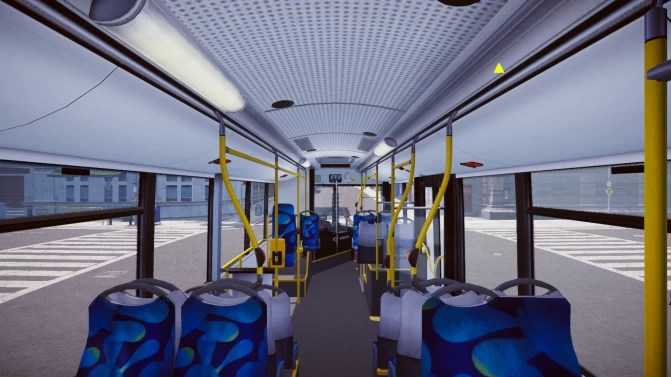 Interior passenger area of Solaris Urbino 10 2011 low-floor bus with blue seats and yellow handrails in Proton Bus Simulator